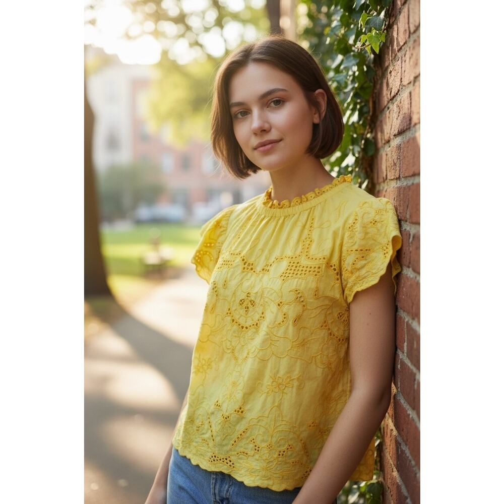 Jennifer Grace Cottagecore Boho Eyelet Ruffle Summer Cotton Top MD Yellow